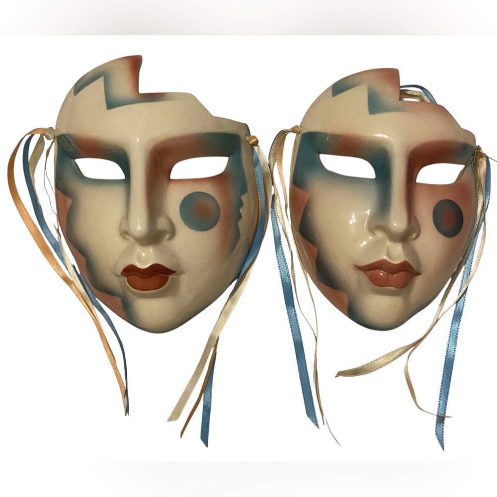 Vintage Clay Art Mardi Gras Porcelain Pierrot Mask Set